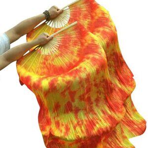 Women Silk Belly Dance Fan Veil Pair 180cm x 90cm Stage Performance Accessory